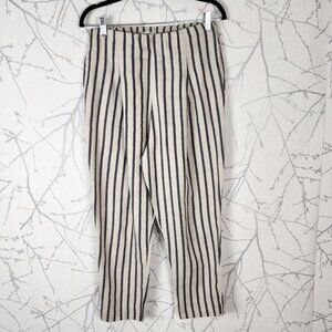 Luukaa Ivory Navy Stripe Cotton Linen High Rise Tapered Pants